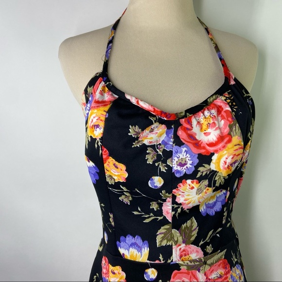Vintage 70s SunDress Floral Black Print Halter Top Built In Bra Midi Cottage S - Picture 3 of 9